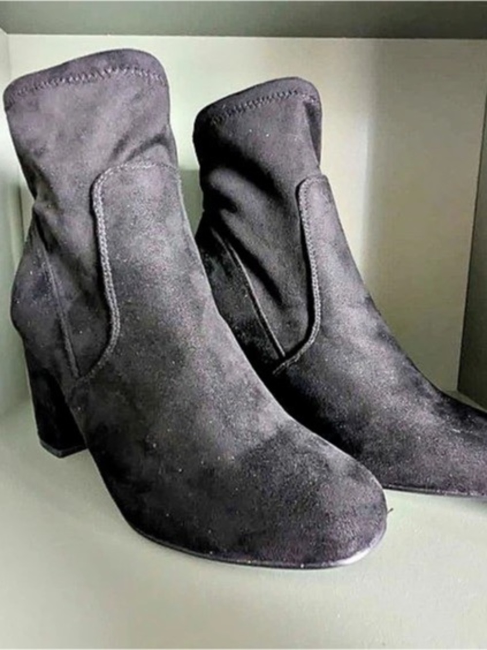 Chinese Laundry Black Faux Suede Sock Booties Block Heel Ankle Boots